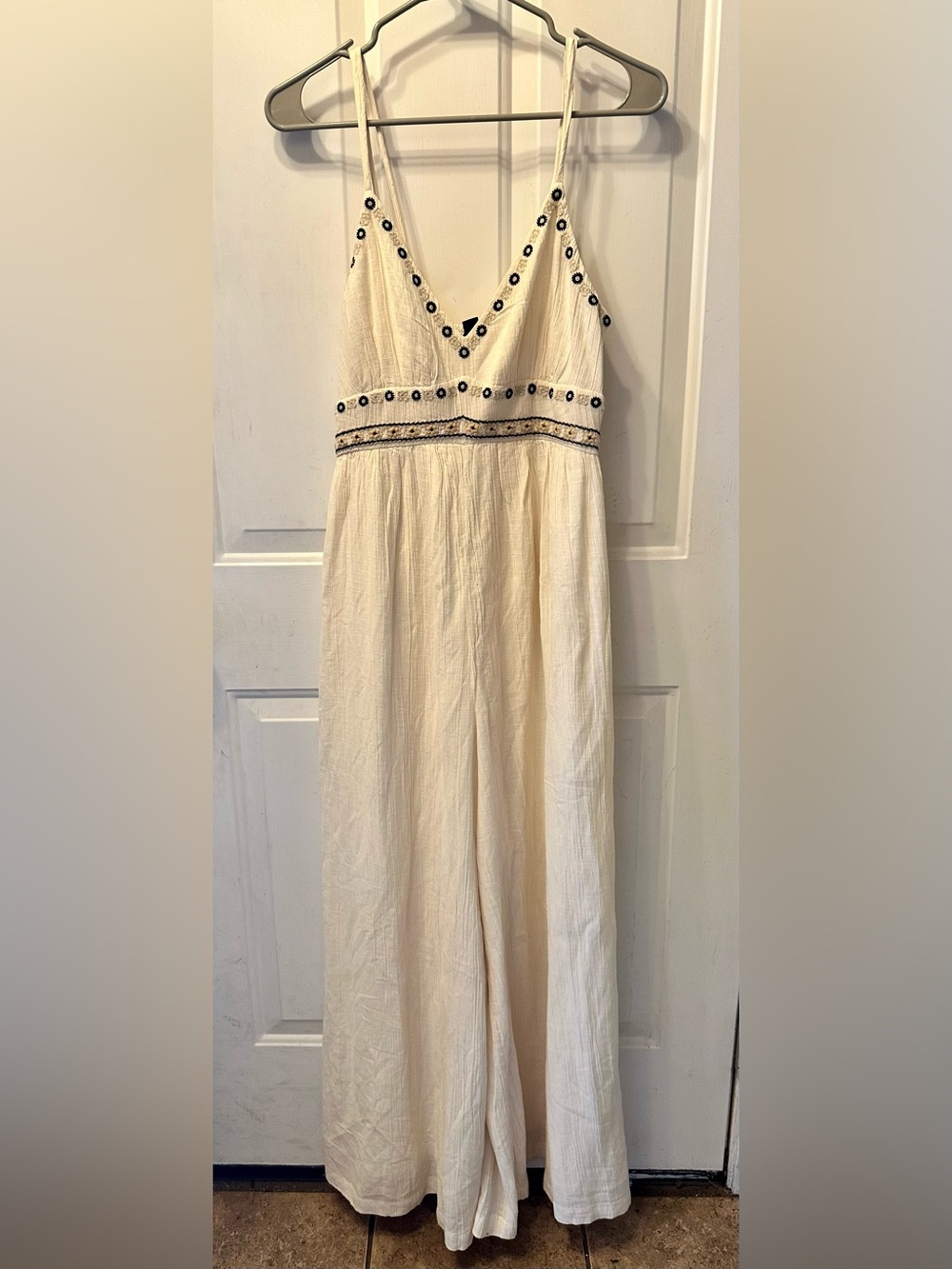 American Eagle Jumpsuit Cream Embroidery Gauze Wide Leg Boho Chic
